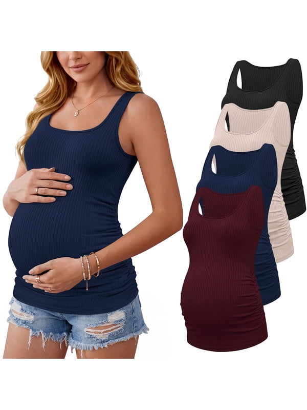 Weardear 4 Packs Maternity Tank Tops Square Neck Ribbed Pregnancy Shirts Ruched Side Summer Pregnant Clothes for Postpartum