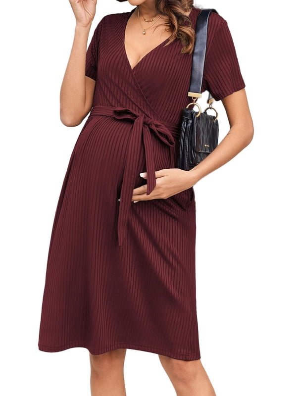 Weardear Maternity Dress V Neck Ribbed Knit Nursing Dresses with Pockets Tie Waist Pregnancy Breastfeeding Midi Dress