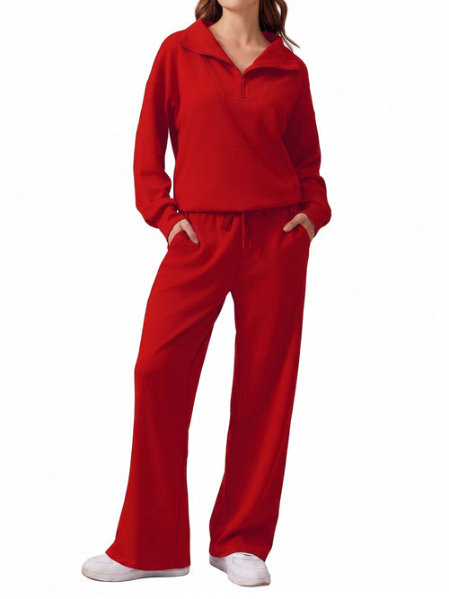 Weardear 2 Piece Matching Outfit Set for Women Half Zip Long Sleeve Sweatshirt and Wide Leg Sweatpants with Pockets Casual Tracksuit