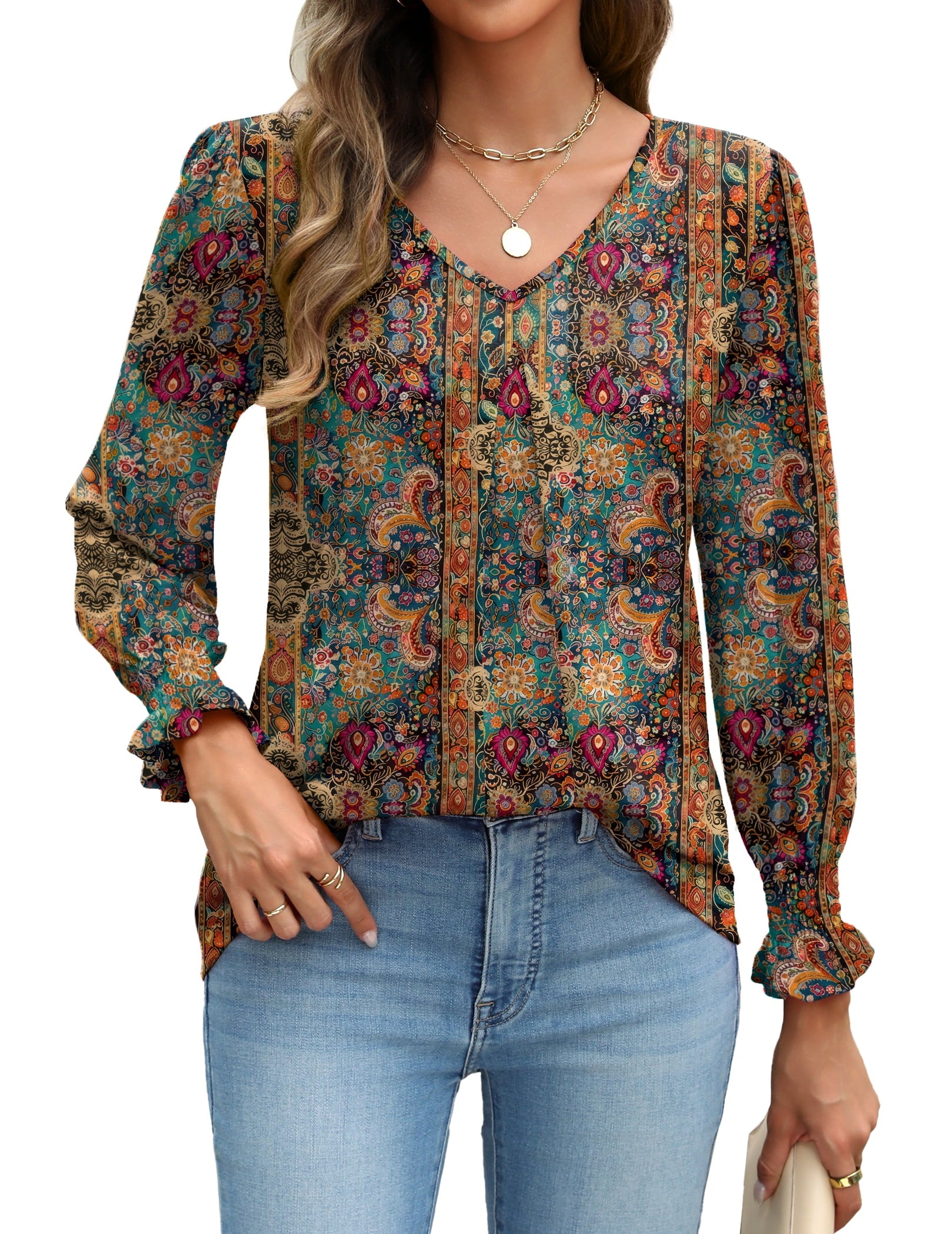 Weardear Long Sleeve Tops for Women Casual V Neck Loose Chiffon Work Blouse Smocked Tunic Shirts