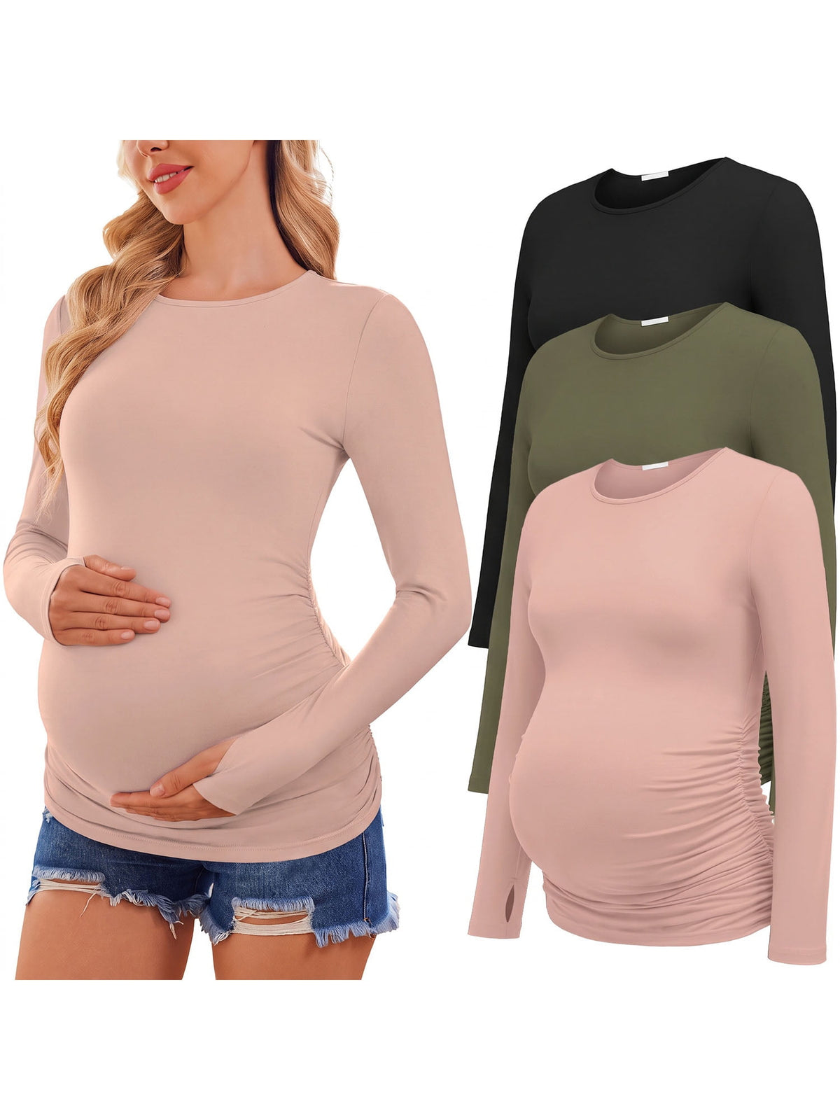 Weardear 3 Pack Maternity Shirts Long Sleeve Side Ruched Pregnancy Workout Tops with Thumb Hole Casual Crew Neck Tshirts for Women