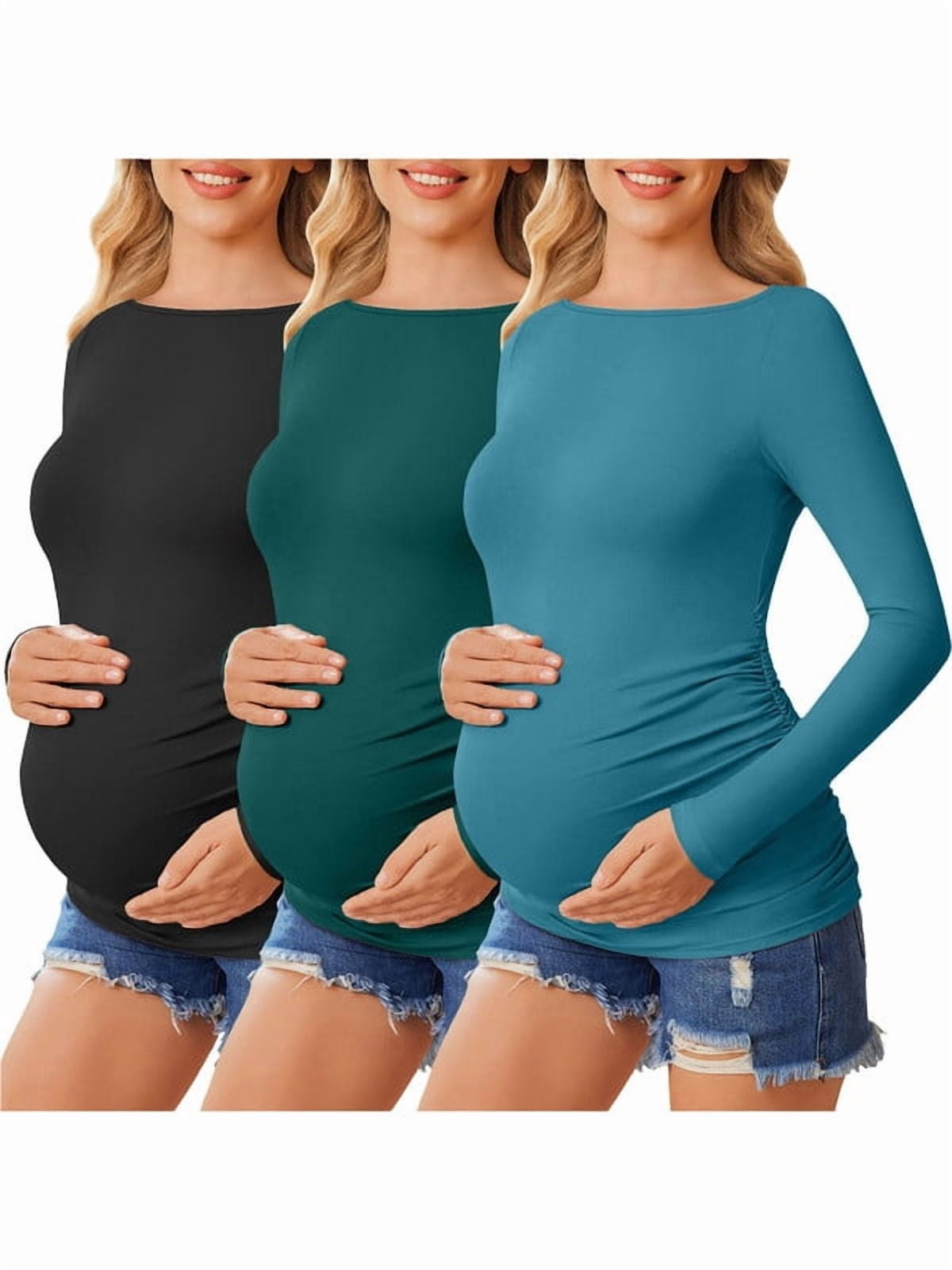 Weardear 3 Packs Maternity Tops Long Sleeve Boat Neck Pregnancy Tunic T Shirts Side Ruched Casual Pregnant Clothes