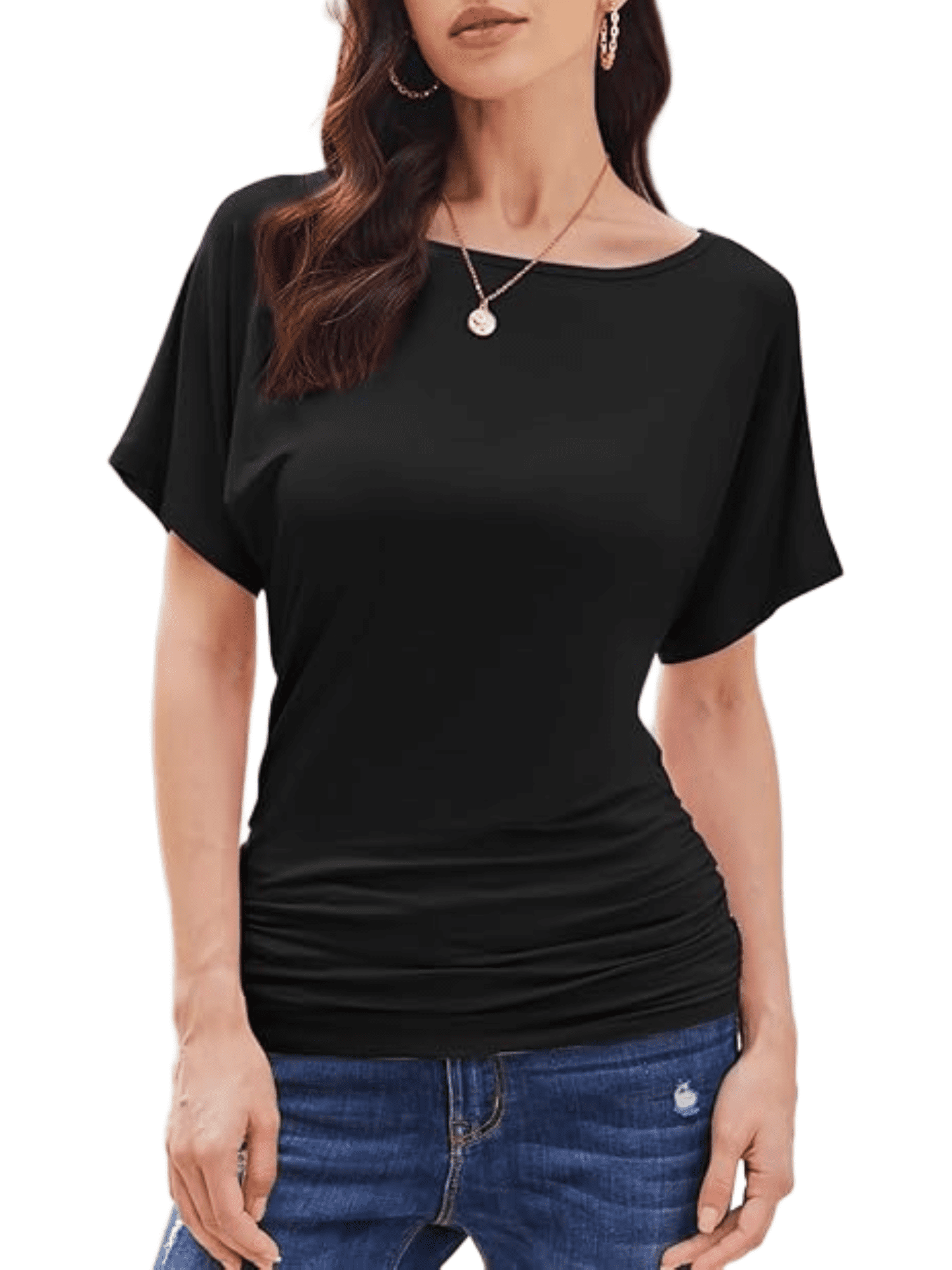 Weardear Womens Ruched Tops Dolman Short Sleeve Shirts Casual T Shirts Boat Neck Summer Off Shoulder Batwing Tops