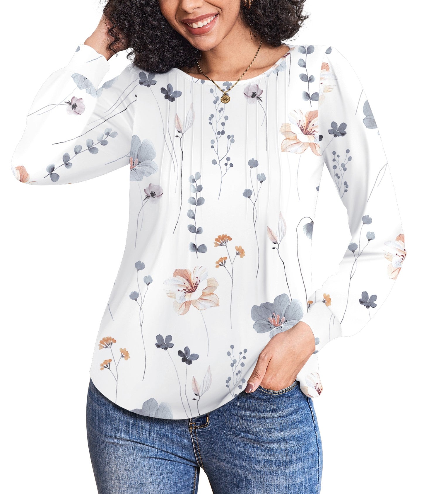 Weardear Women's Fall Blouses Puff Long Sleeve Pleated Crew Neck Tunic Tops Dressy Casual Loose Work T-Shirts