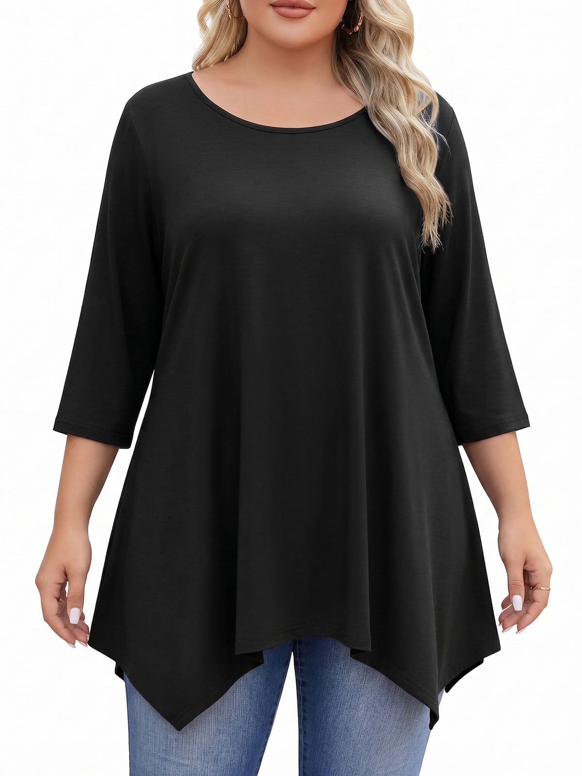 Weardear Plus Size Tops for Women 3/4 Sleeve Round Neck Tunic Top Loose Fit Flowy Blouse
