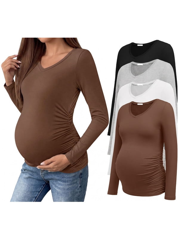 Weardear 4 Pack Maternity Shirt Long Sleeve Side Ruched Pregnancy Tunic Tops Casual V Neck T Shirts for Women
