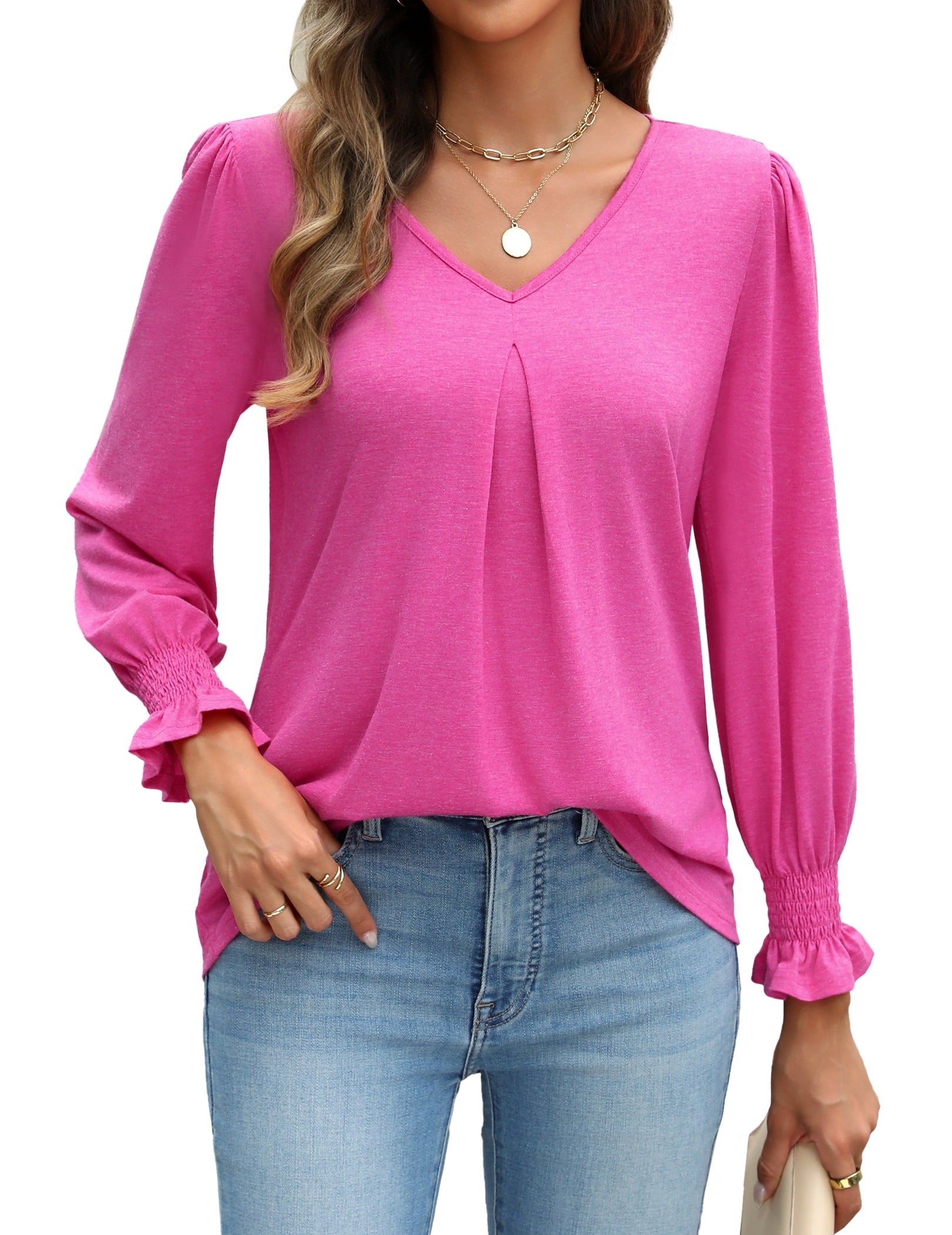 Weardear Long Sleeve Tops for Women Casual V Neck Loose Chiffon Work Blouse Smocked Tunic Shirts