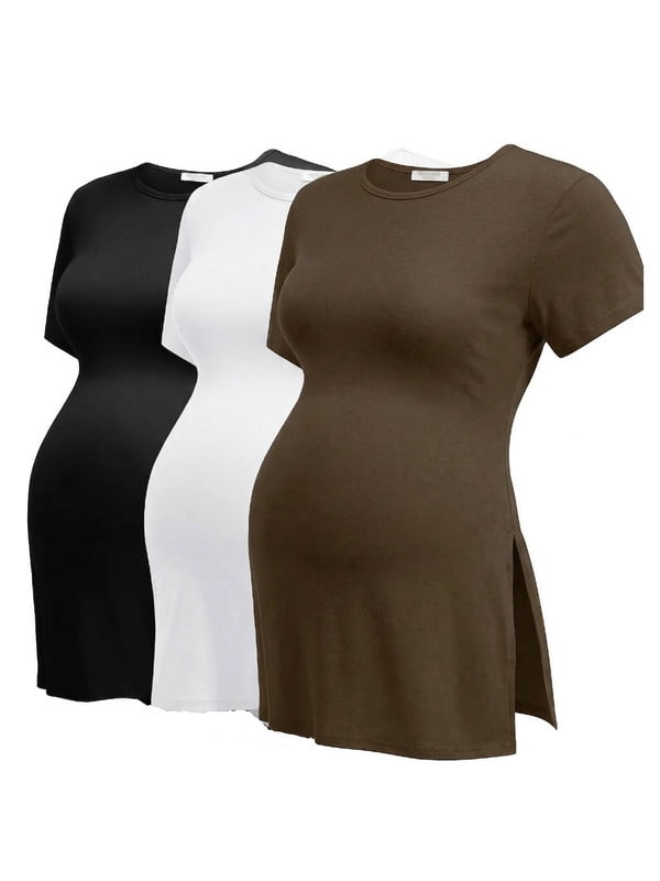Weardear Maternity Shirts Side Split Tops Short Sleeve Crew Neck Tops(3 pack)