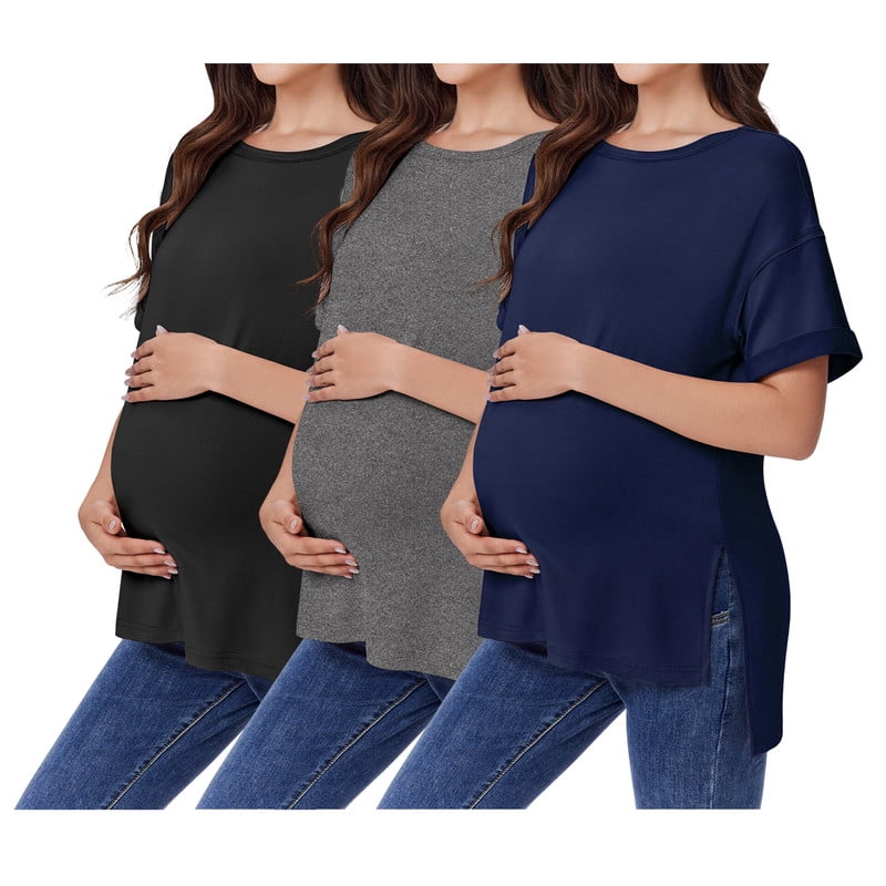 Weardear 3 Pack Maternity Shirts Split Side Oversized Pregnancy Tops Crew Neck Short Sleeve Postpartum Clothes