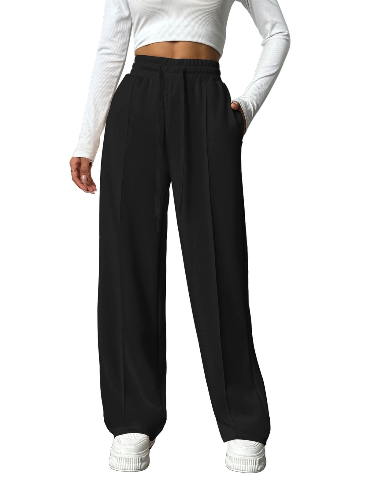 Weardear Wide Leg Sweatpants for Women Drawstring Elastic Pants with Pockets High Waisted Workout Baggy Sweatpants