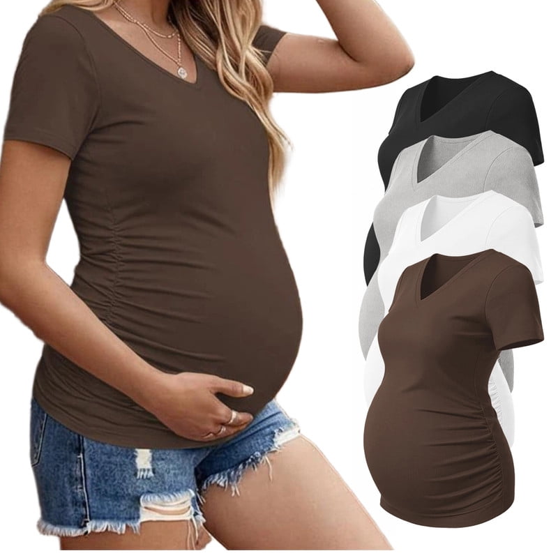 Weardear 4 Pack Maternity Shirts Side Ruched Pregnancy Tee Tops V Neck Short Sleeve Postpartum Clothes