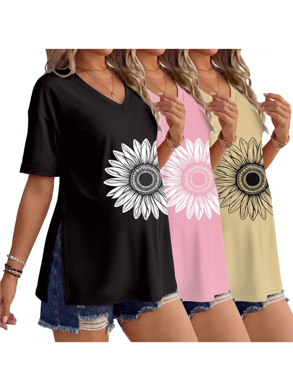 Weardear 3 Pack Womens Maternity Shirts V Neck Cuff Fold Pregnancy Tunic Tops Split Side Short Sleeve Pregnant Clothes