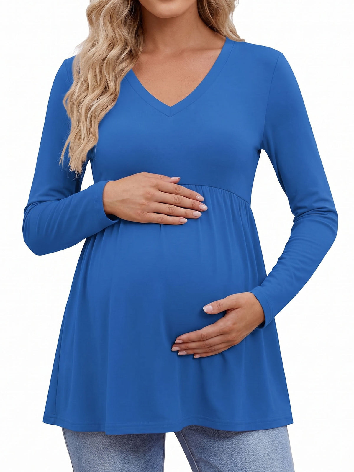 Weardear Maternity Tops Long Sleeve Pleated Waist Pregnancy Shirts V Neck Casual Pregnant Clothes Tunic Blouse for Women