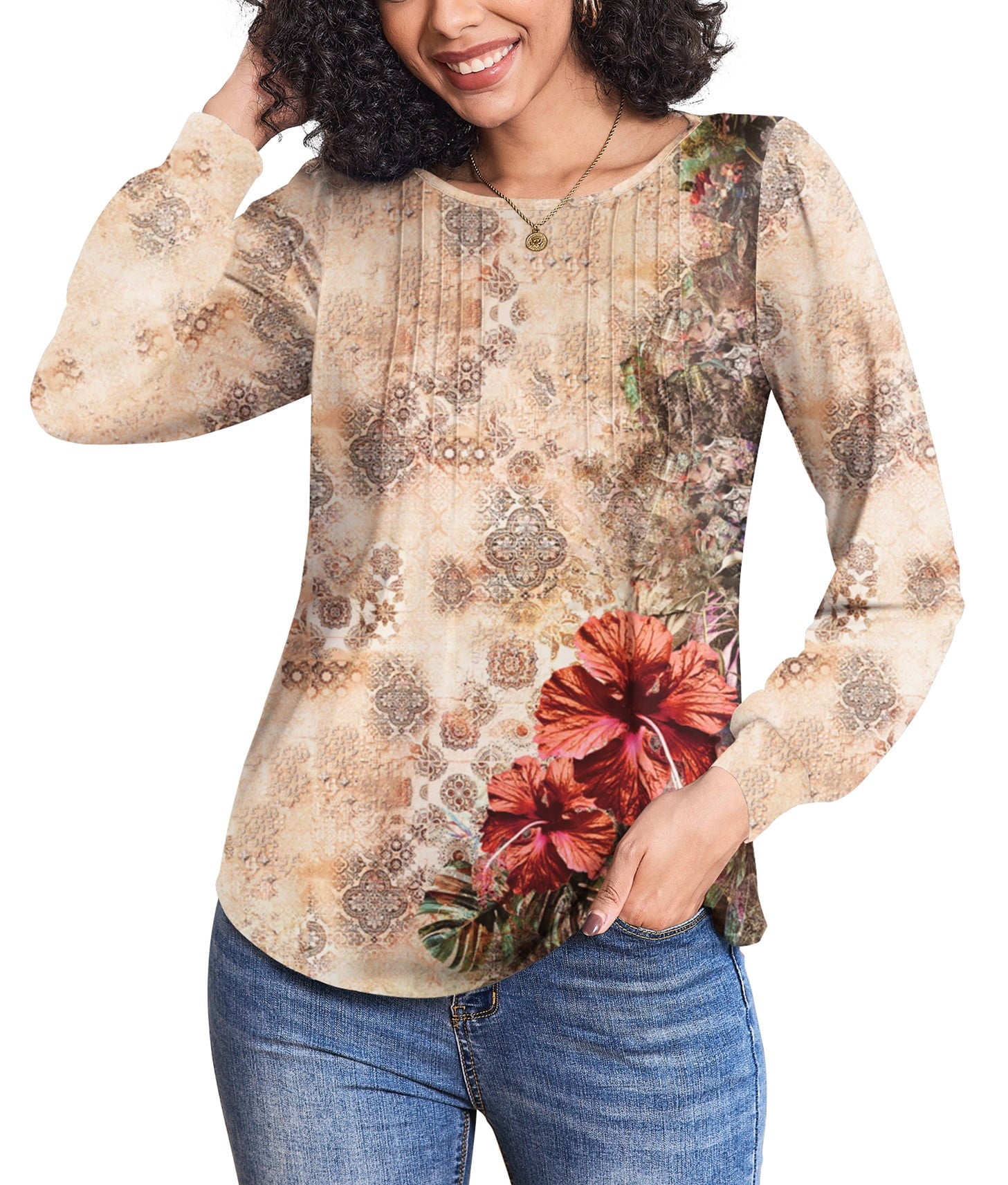 Weardear Women's Fall Blouses Puff Long Sleeve Pleated Crew Neck Tunic Tops Dressy Casual Loose Work T-Shirts
