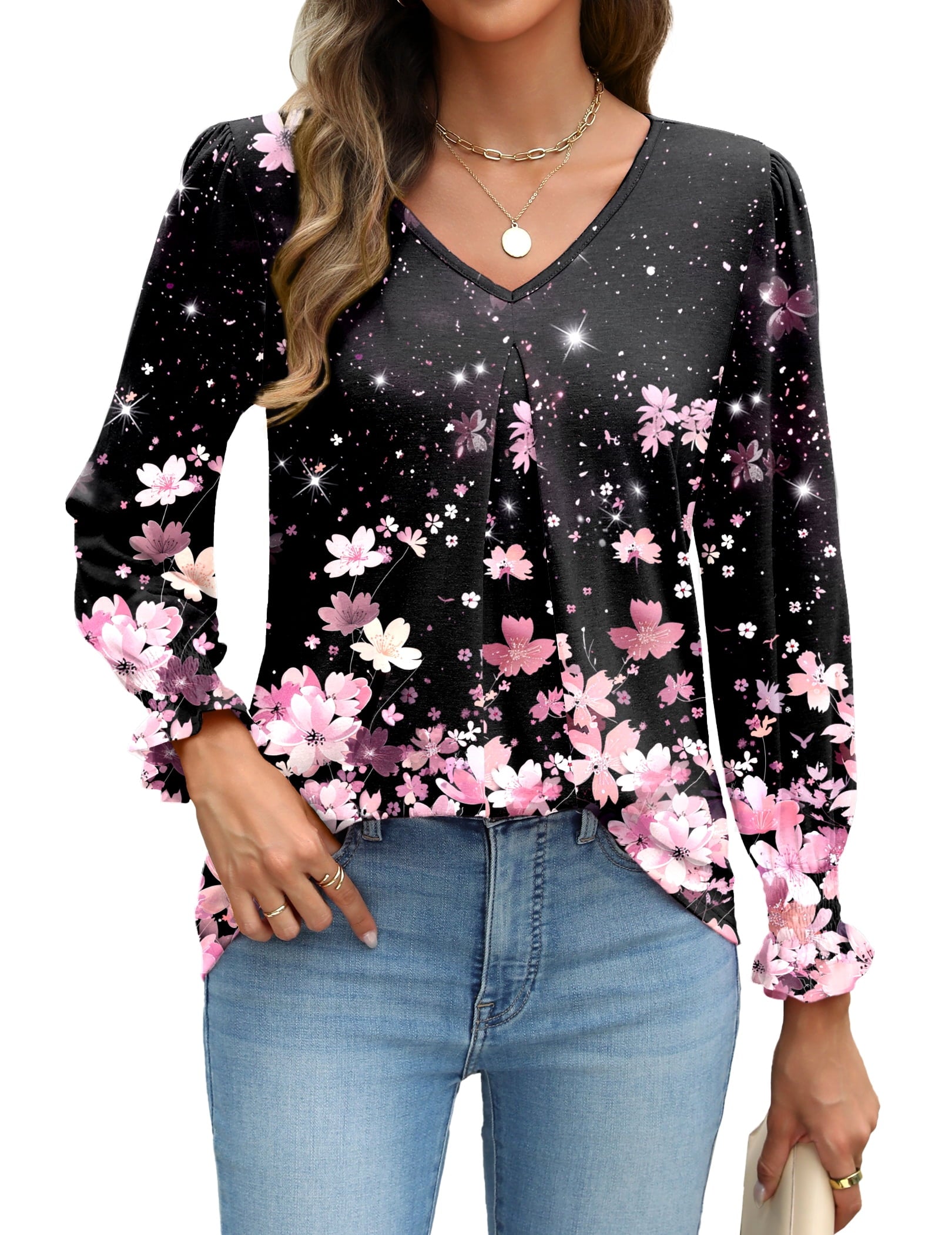 Weardear Long Sleeve Tops for Women Casual V Neck Loose Chiffon Work Blouse Smocked Tunic Shirts