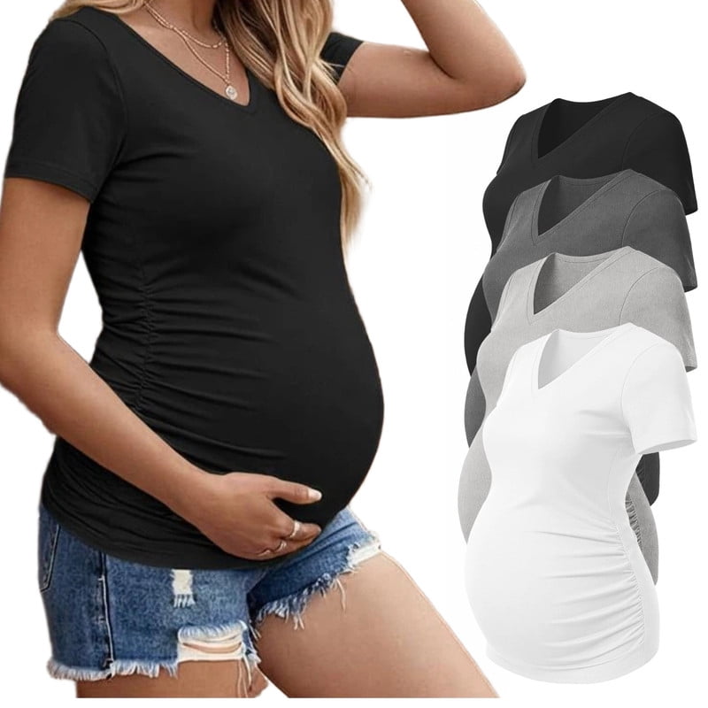 Weardear 4 Pack Maternity Shirts Side Ruched Pregnancy Tee Tops V Neck Short Sleeve Postpartum Clothes