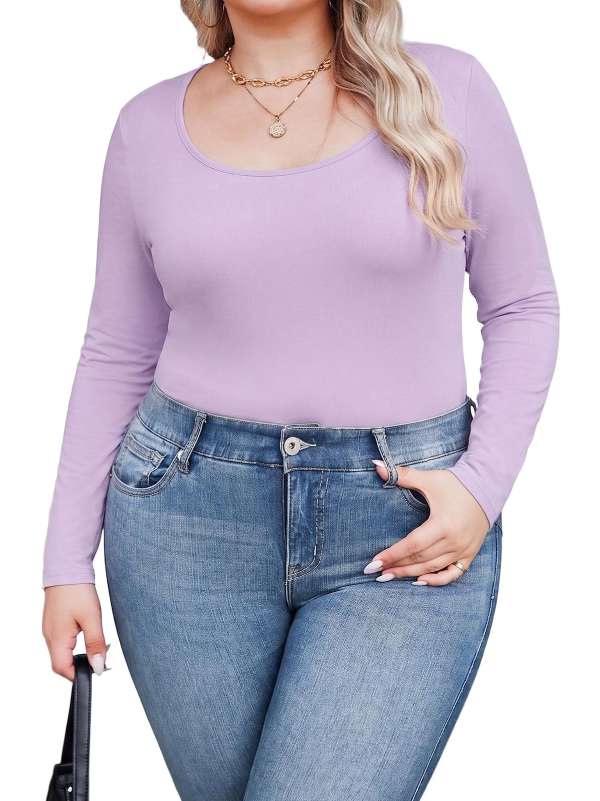 Weardear Plus Size Tops for Women Scoop Neck Long Sleeve Tight T Shirts Casual Basic Tunic Tops