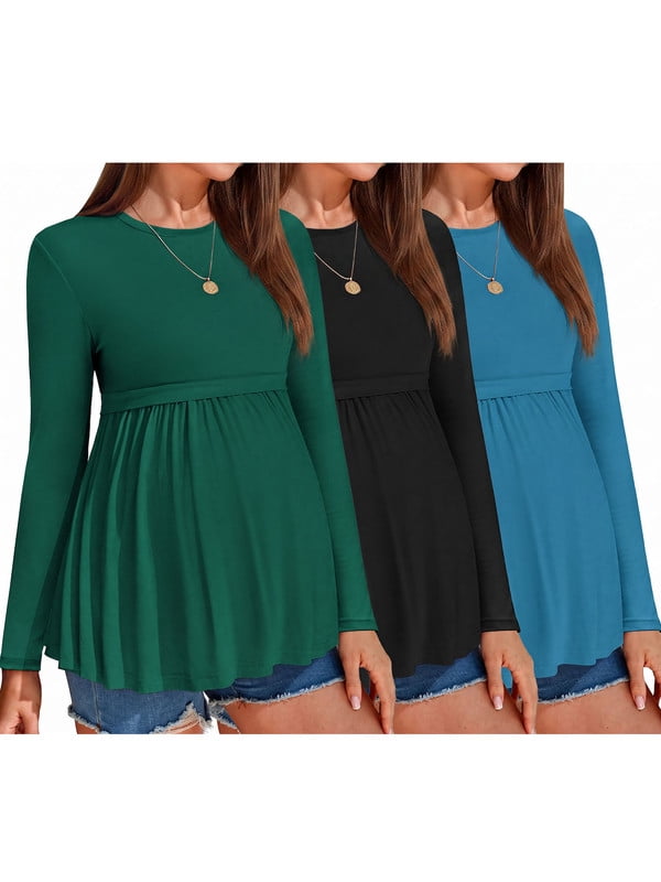 Weardear 3 Pack Womens Maternity Tops Pleated Long Sleeve Pregnancy Shirts Regular Fit Tunic Casual Maternity Clothes