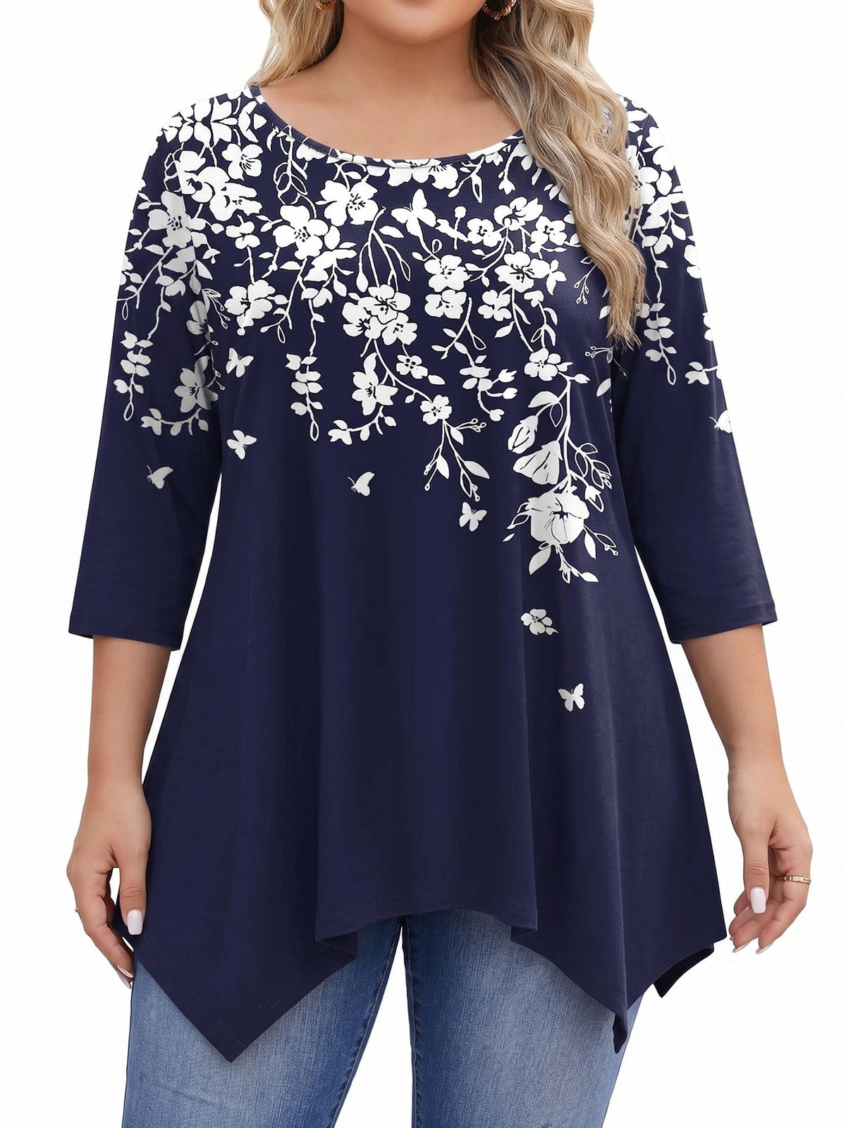 Weardear Plus Size Tops for Women 3/4 Sleeve Round Neck Tunic Top Loose Fit Flowy Blouse