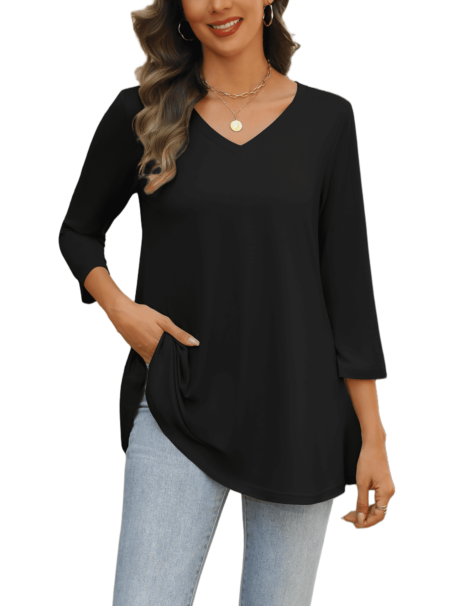 Weardear Womens V Neck 3/4 Sleeve Dressy Blouses Casual Loose Fit Tunic Tops Boho Business Blouses