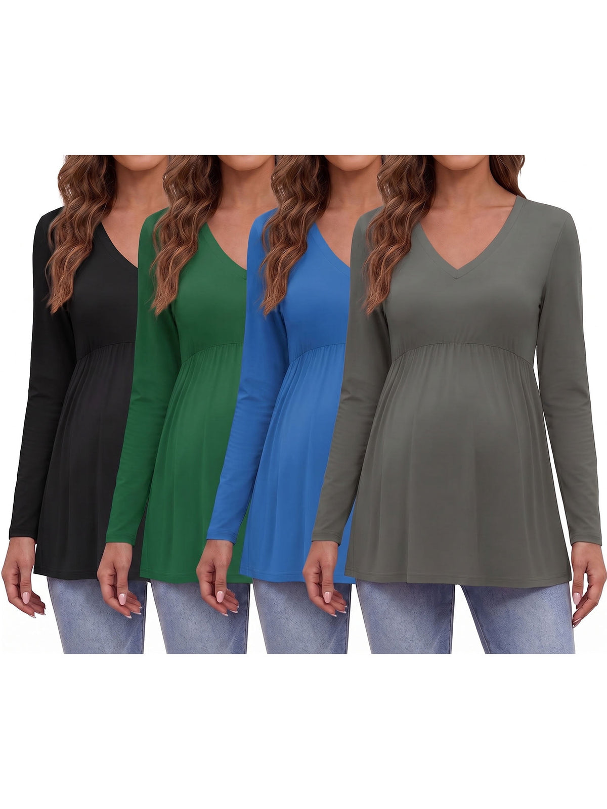 Weardear Maternity Tops Long Sleeve Pleated Waist Pregnancy Shirts V Neck Casual Pregnant Clothes Tunic Blouse for Women