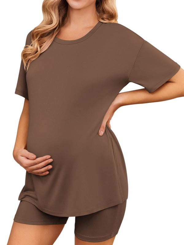 Weardear Maternity Sets 2 Piece Outfits Drop Shoulder Short Sleeve Split Side Shirts and Biker Shorts Summer Pregnancy Clothes