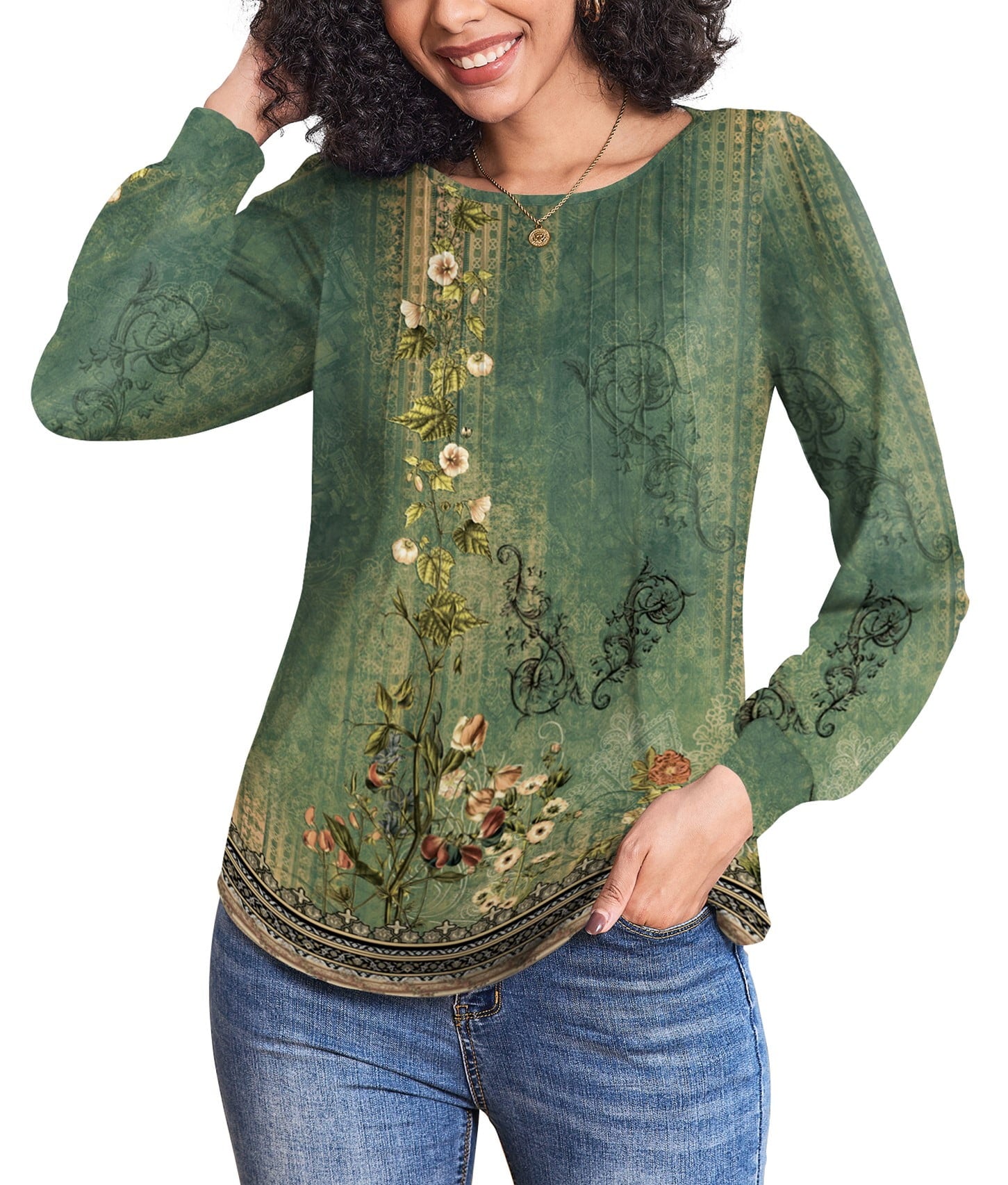 Weardear Women's Fall Blouses Puff Long Sleeve Pleated Crew Neck Tunic Tops Dressy Casual Loose Work T-Shirts