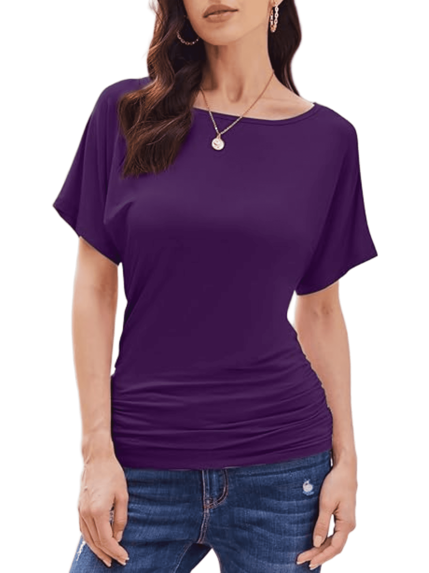 Weardear Womens Ruched Tops Dolman Short Sleeve Shirts Casual T Shirts Boat Neck Summer Off Shoulder Batwing Tops
