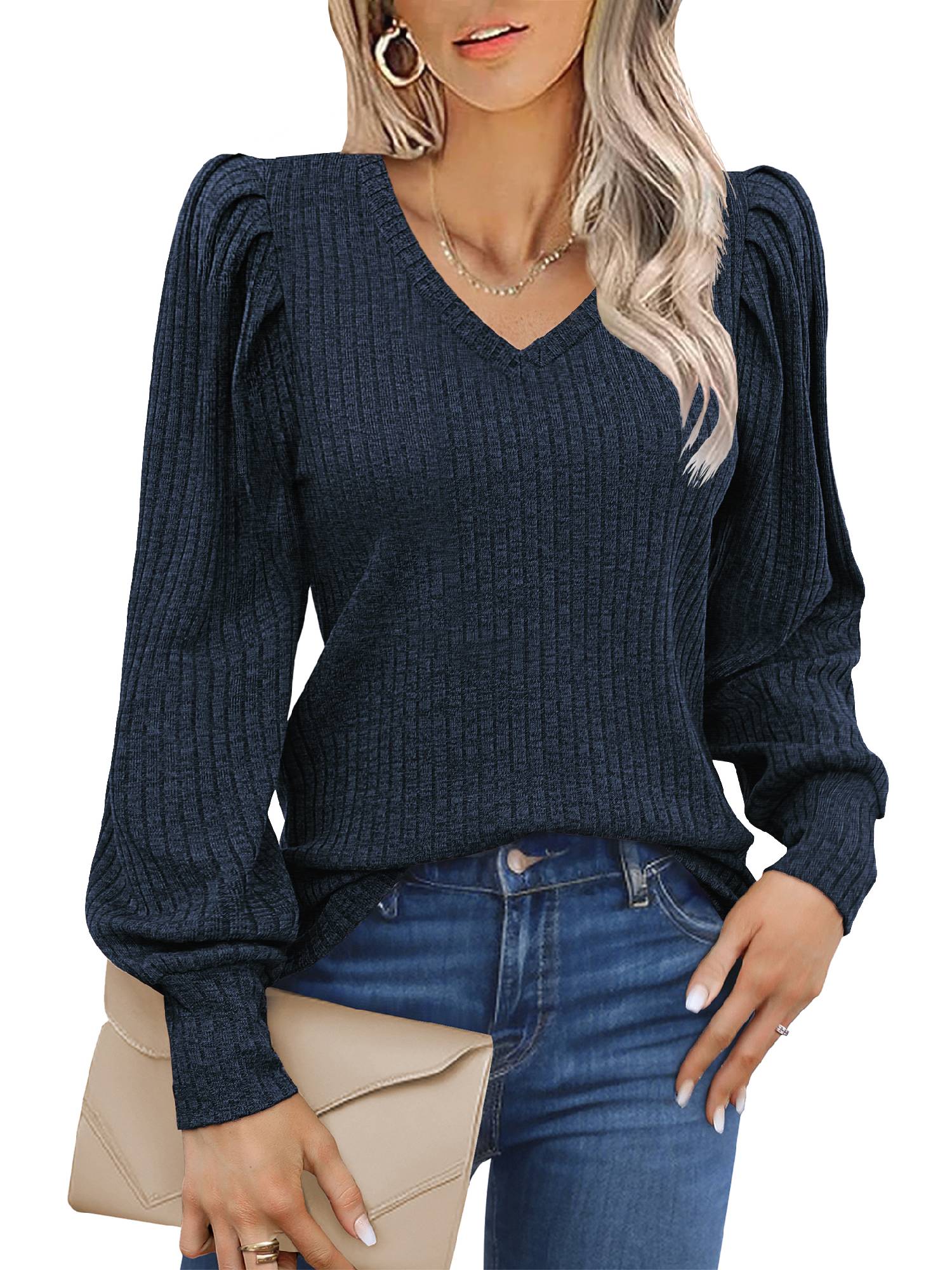 Weardear Puffy Sleeves Knit Tops for Women Long Sleeve Soft Sweater Pullover V Neck Lightweight Blouse