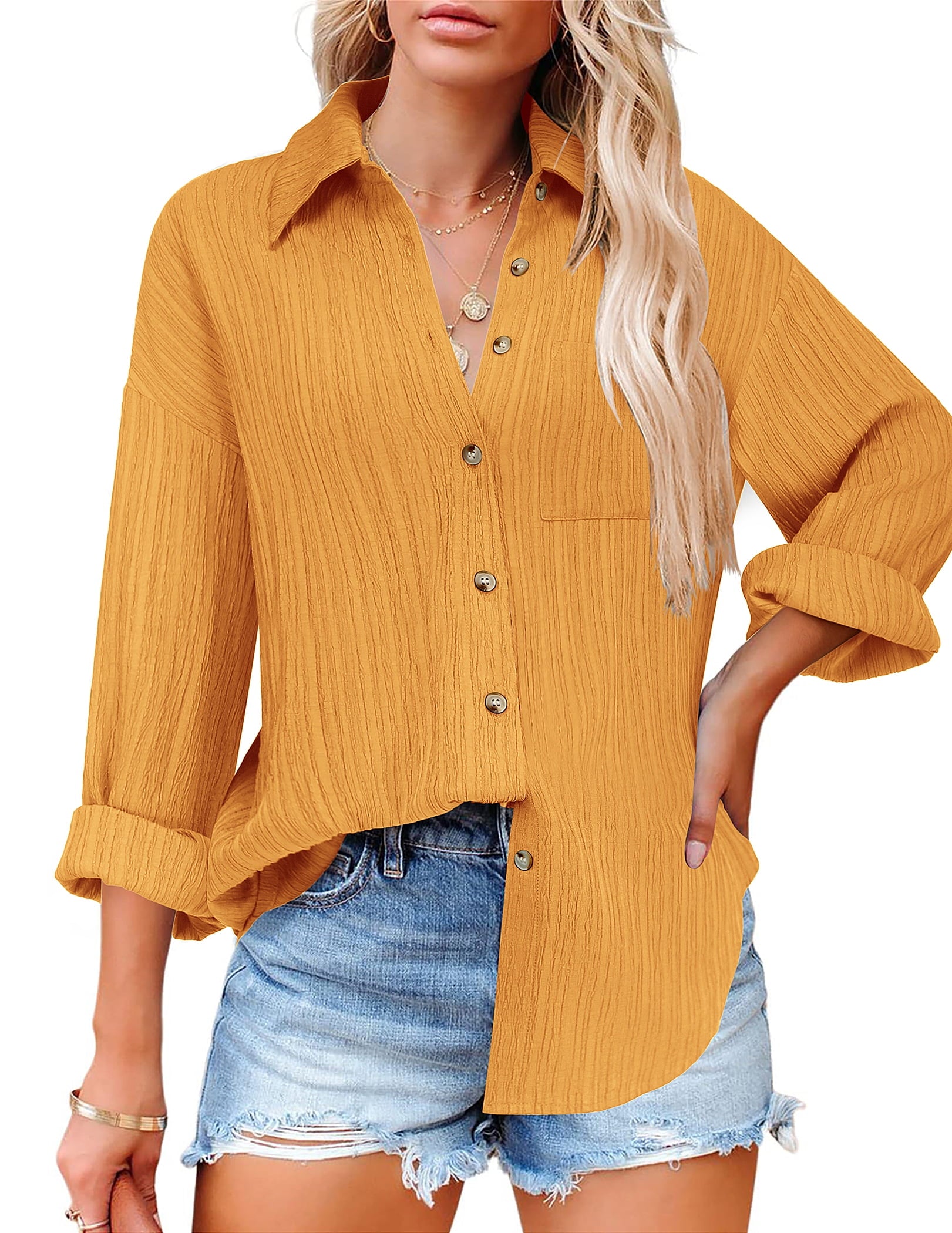 Weardear Womens Button Down Shirts Casual Long Sleeve Dress Shirt Textured Collared Work Blouse Top with Pocket