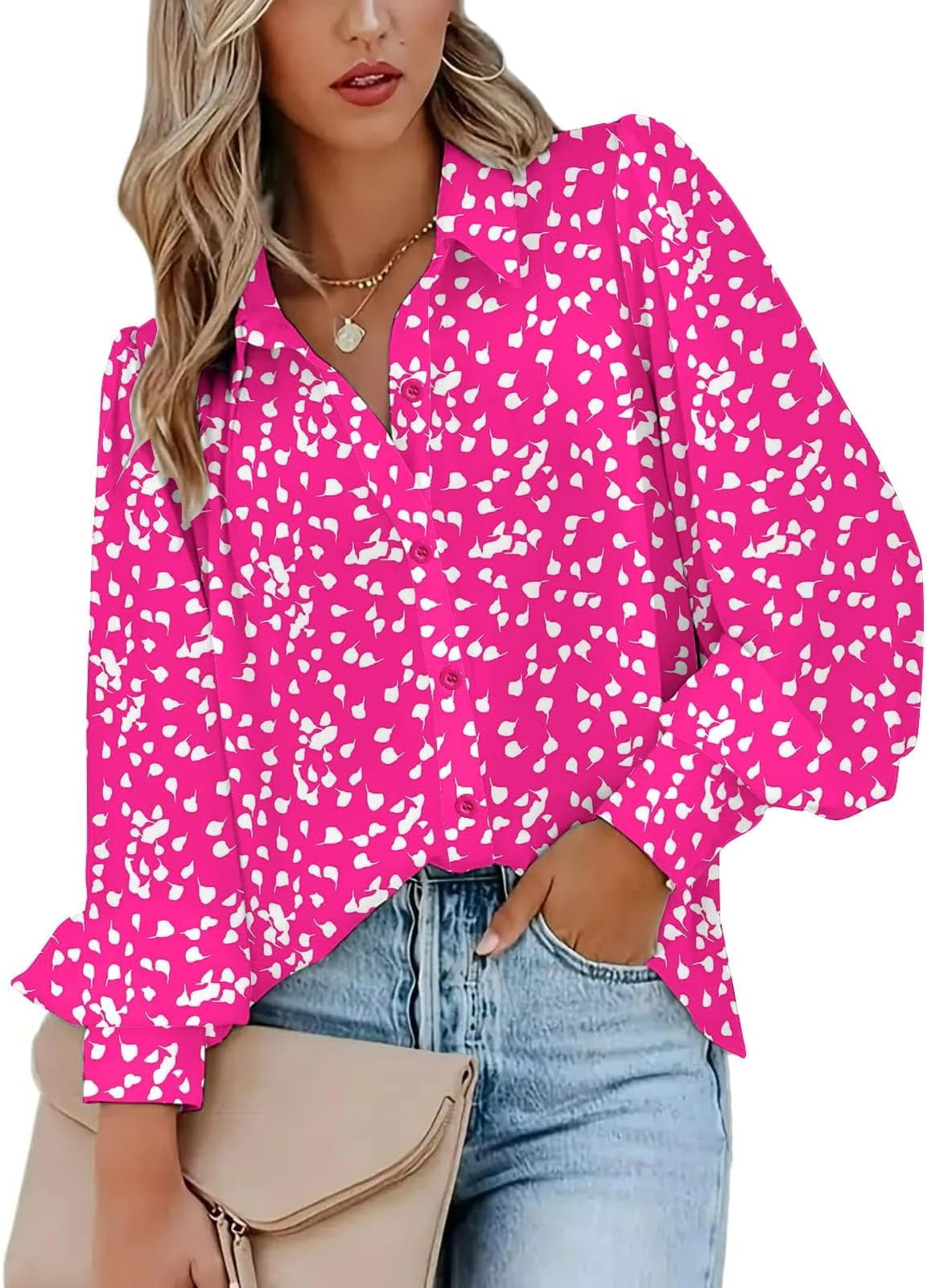 Weardear Womens Shirts Button Down Printed Lantern Long Sleeve Blouse Fashion Casual Tops 2025