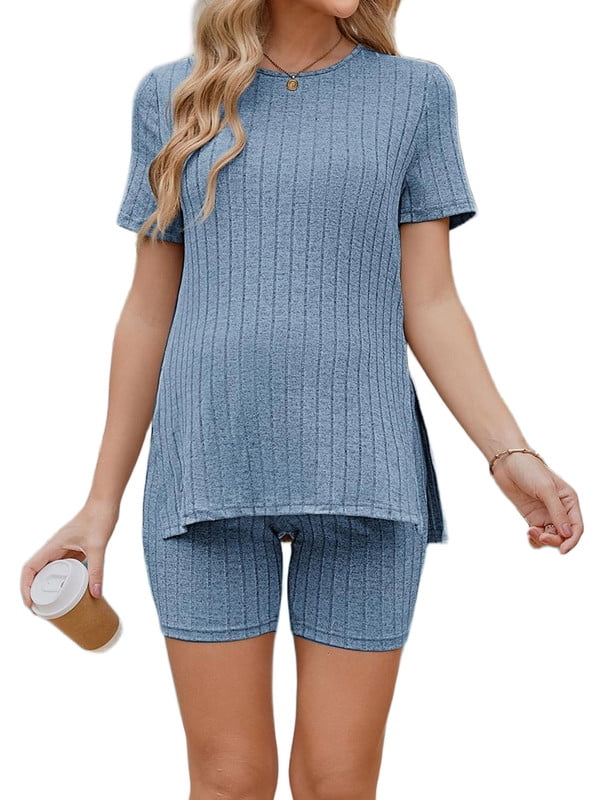 Weardear Maternity Outfits Set 2 Piece Matching Sets Ribbed Knit Side Split Short Sleeve Shirts and Biker Shorts Pregnancy Loungewear