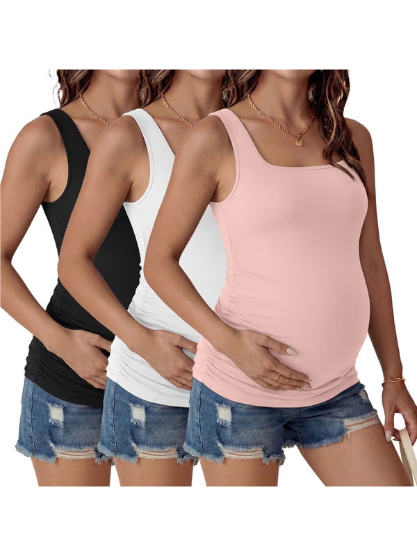 Weardear 3 Pack Womens Maternity Tank Tops Square Neck Ruched Side Pregnant Basic T Shirt Casual Sleeveless Pregnancy Tunic Tops