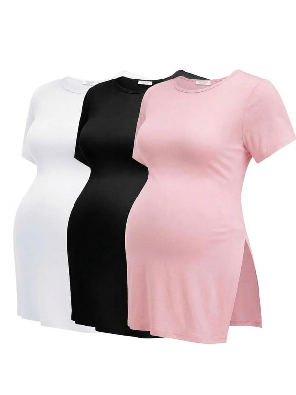 Weardear Maternity Shirts Side Split Tops Short Sleeve Crew Neck Tops(3 pack)