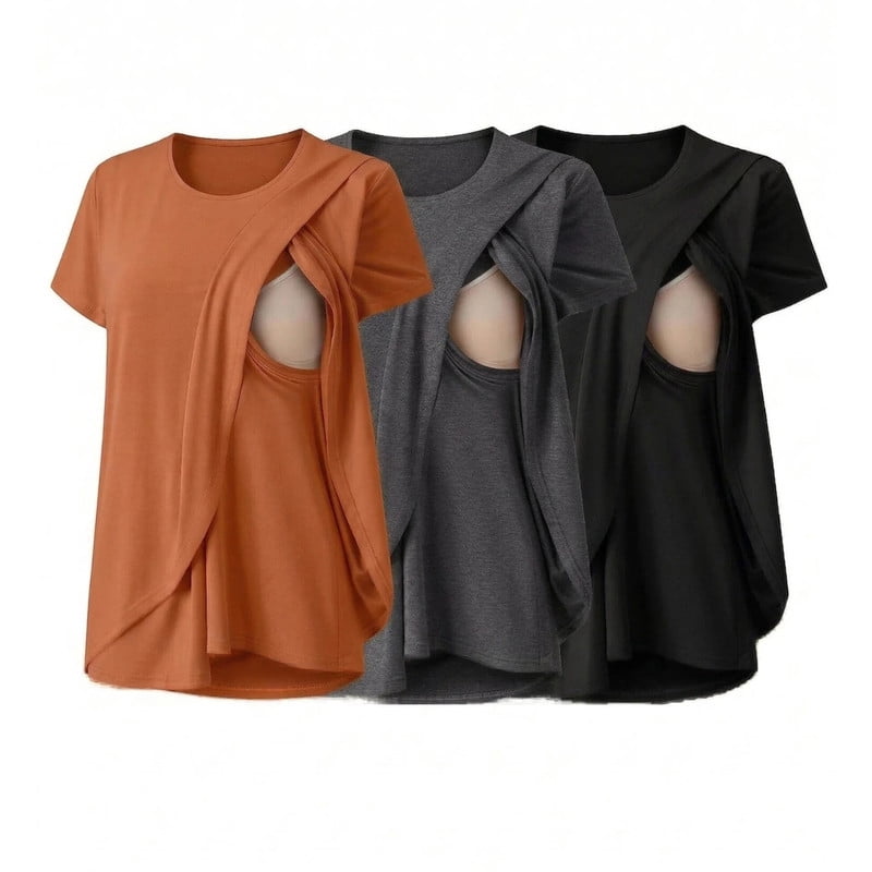 Weardear 3 Pack Maternity Nursing Shirts Double Layer Breastfeeding Tops Short Sleeve Crew Neck Tees Postpartum Clothes