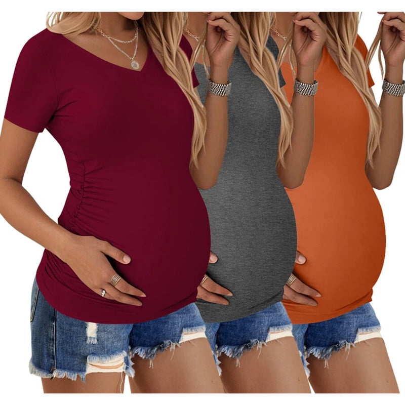 Weardear 3 Pack Maternity Shirts Side Ruched Pregnancy Tee Tops V Neck Short Sleeve Postpartum Clothes