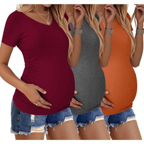 Weardear 3 Pack Maternity Shirts Side Ruched Pregnancy Tee Tops V Neck Short Sleeve Postpartum Clothes