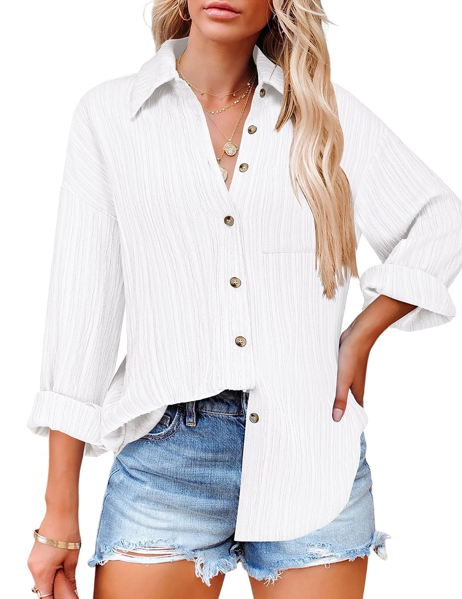 Weardear Womens Button Down Shirts Casual Long Sleeve Dress Shirt Textured Collared Work Blouse Top with Pocket