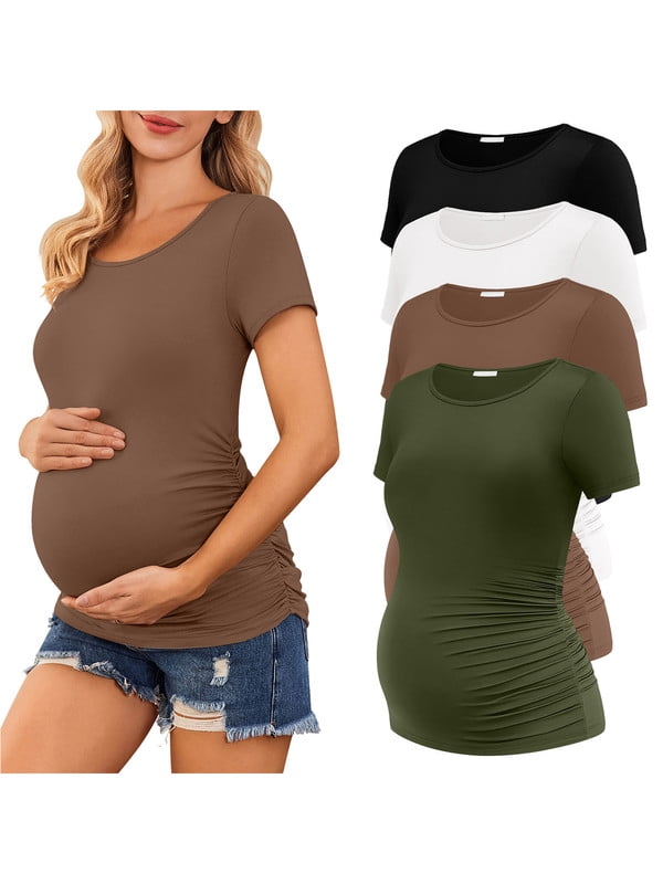 Weardear 4 Packs Maternity Tops Side Ruched Short Sleeve Pregnancy Tunic T Shirts Crew Neck Casual Maternity Clothes