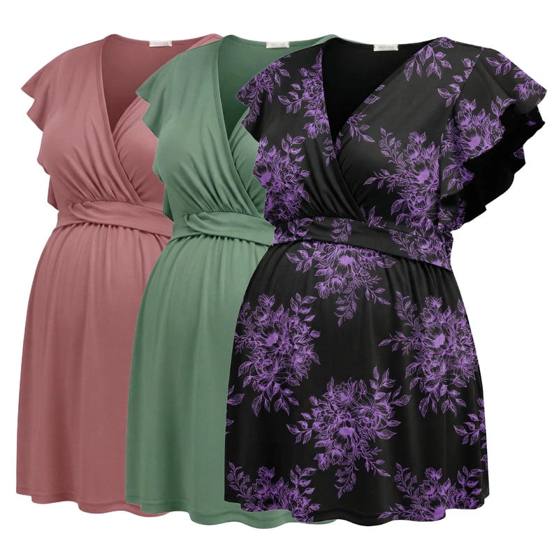 Weardear 3 Pack Maternity Tops Flying Shorts Sleeve Nursing Shirts V Neck Ruched Twisted Pregnancy Clothes