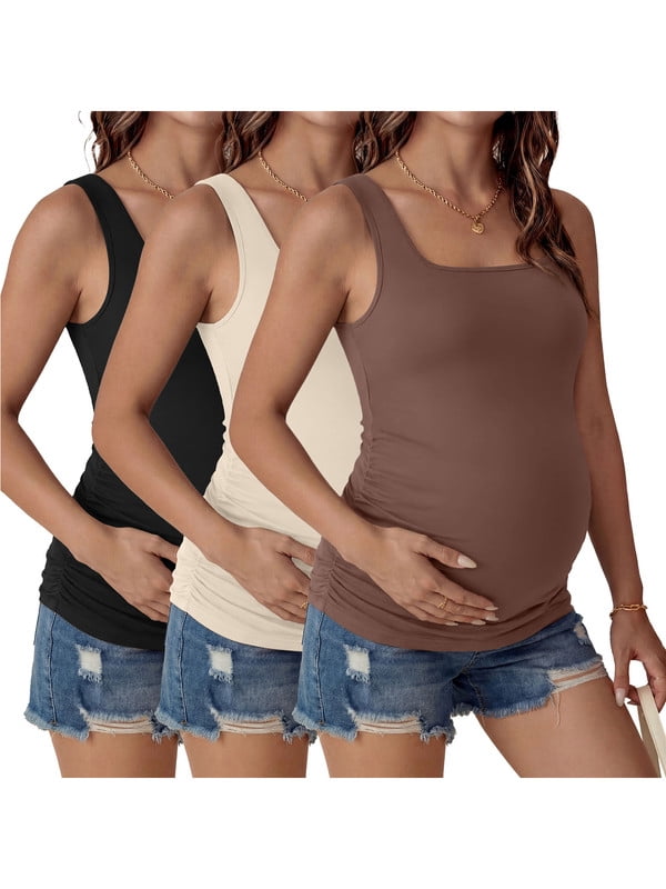 Weardear 3 Pack Womens Maternity Tank Tops Square Neck Ruched Side Pregnant Basic T Shirt Casual Sleeveless Pregnancy Tunic Tops