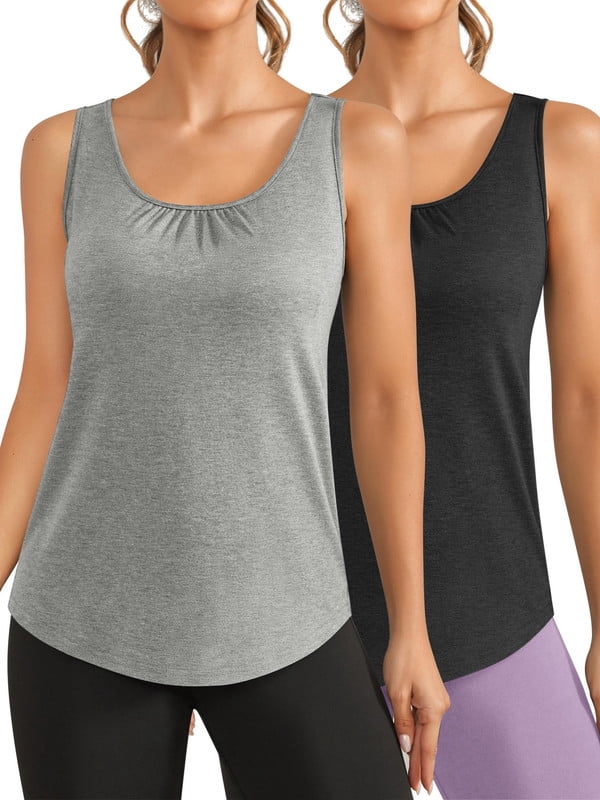 Weardear 2 Pack Workout Tops for Women Racerback Yoga Tank Tops Loose Sleeveless Running Gym Shirts with Wide Strap