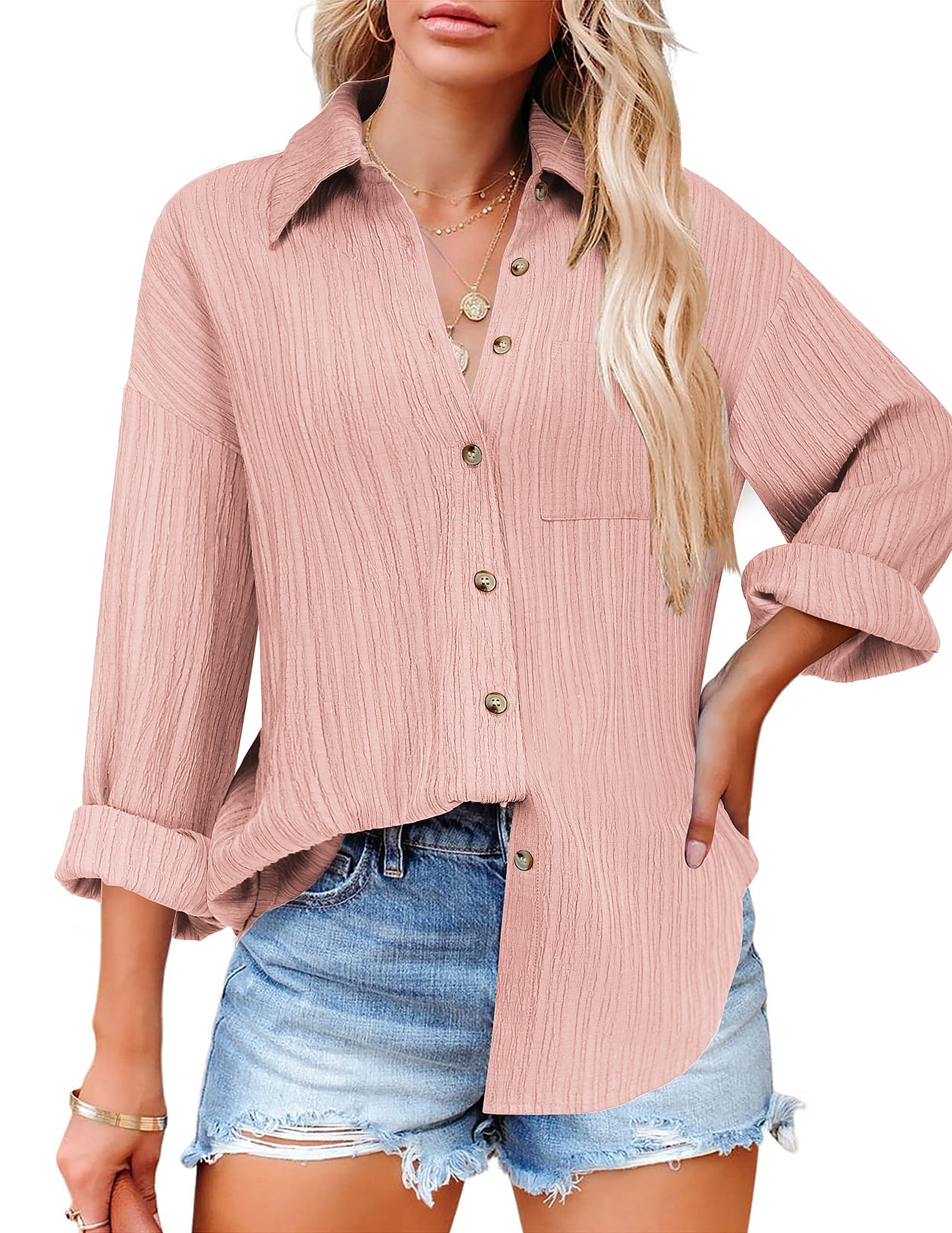Weardear Womens Button Down Shirts Casual Long Sleeve Dress Shirt Textured Collared Work Blouse Top with Pocket