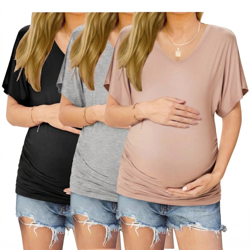 Weardear 3 Pack Maternity Shirts Dolman Sleeve Side Ruched Pregnancy Tee Tops V Neck Postpartum Tunic Blouse