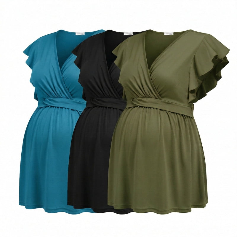 Weardear 3 Pack Maternity Tops Flying Shorts Sleeve Nursing Shirts V Neck Ruched Twisted Pregnancy Clothes