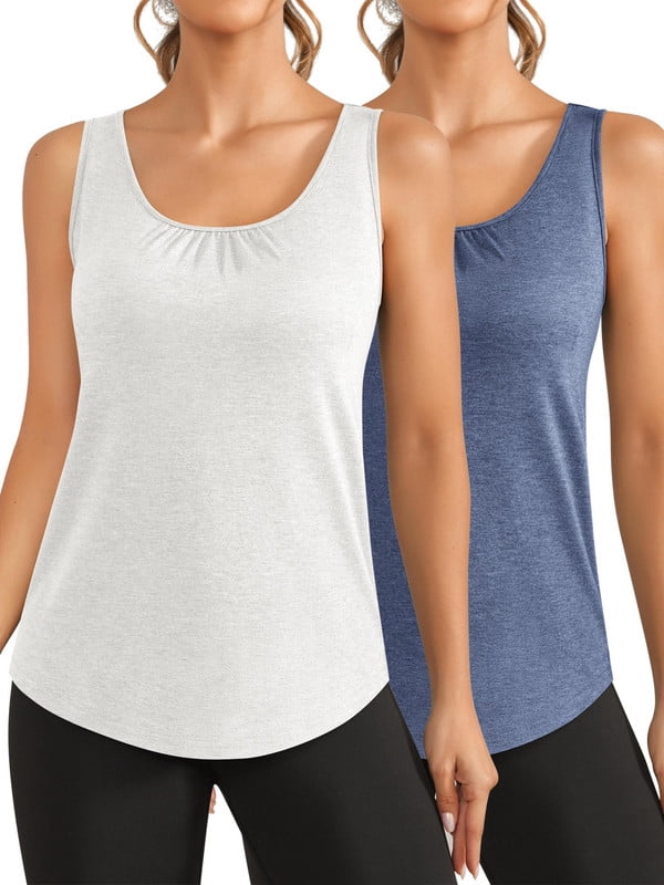 Weardear 2 Pack Workout Tops for Women Racerback Yoga Tank Tops Loose Sleeveless Running Gym Shirts with Wide Strap