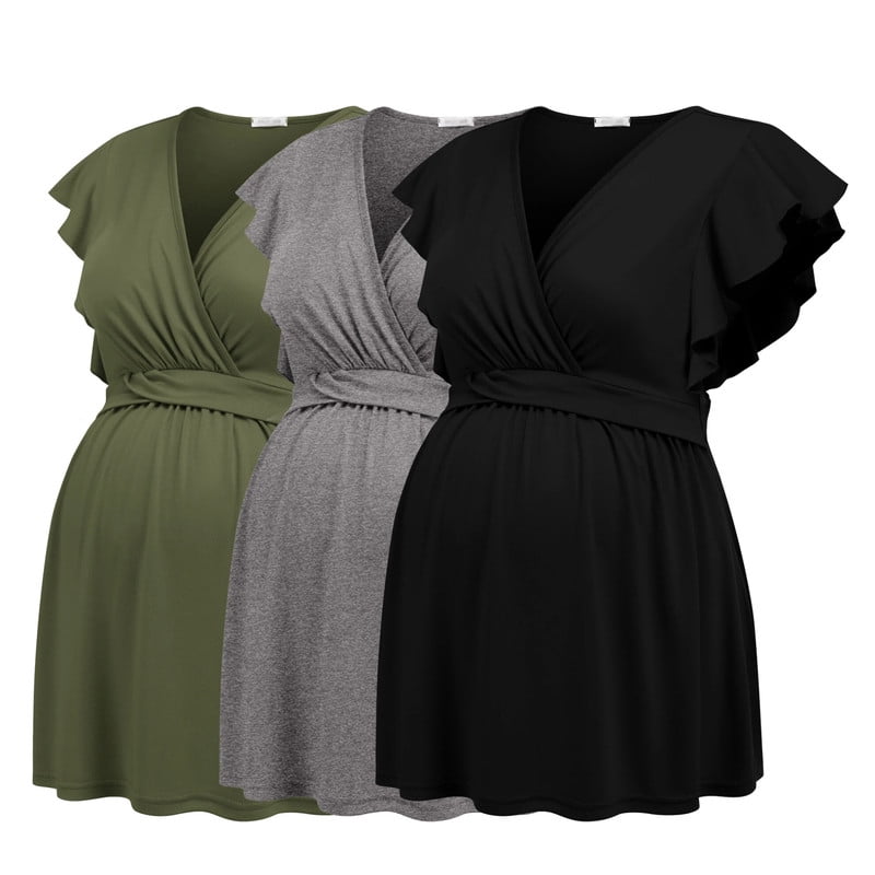 Weardear 3 Pack Maternity Tops Flying Shorts Sleeve Nursing Shirts V Neck Ruched Twisted Pregnancy Clothes
