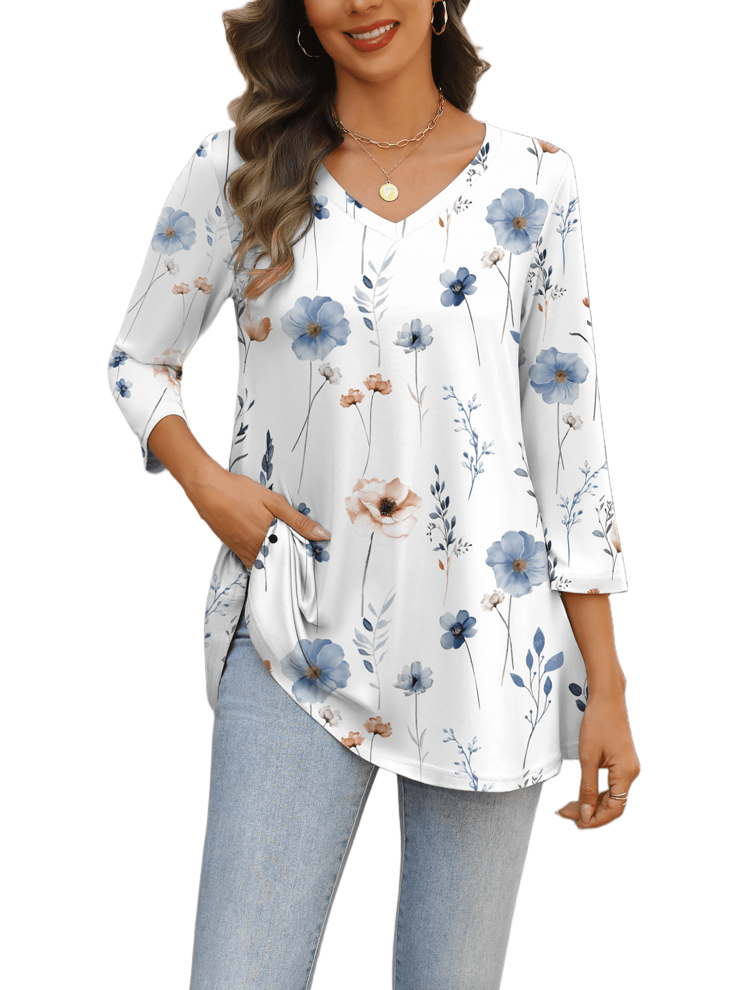 Weardear Womens V Neck 3/4 Sleeve Dressy Blouses Casual Loose Fit Tunic Tops Boho Business Blouses