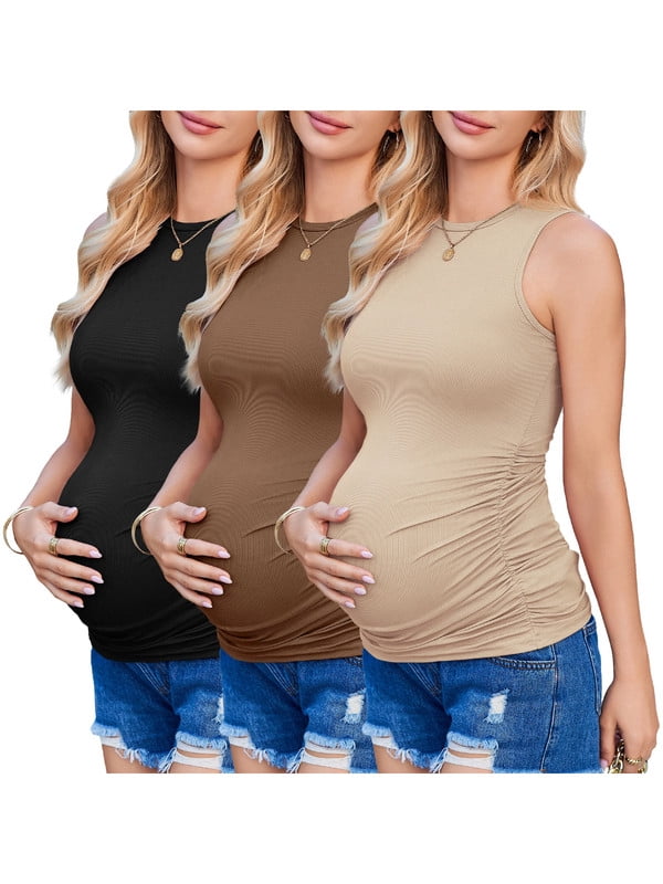 Weardear 3 Pack Maternity Tank Tops Ruched Side Ribbed Knit Pregnancy Shirts Sleeveless Crew Neck Postpartum Clothes