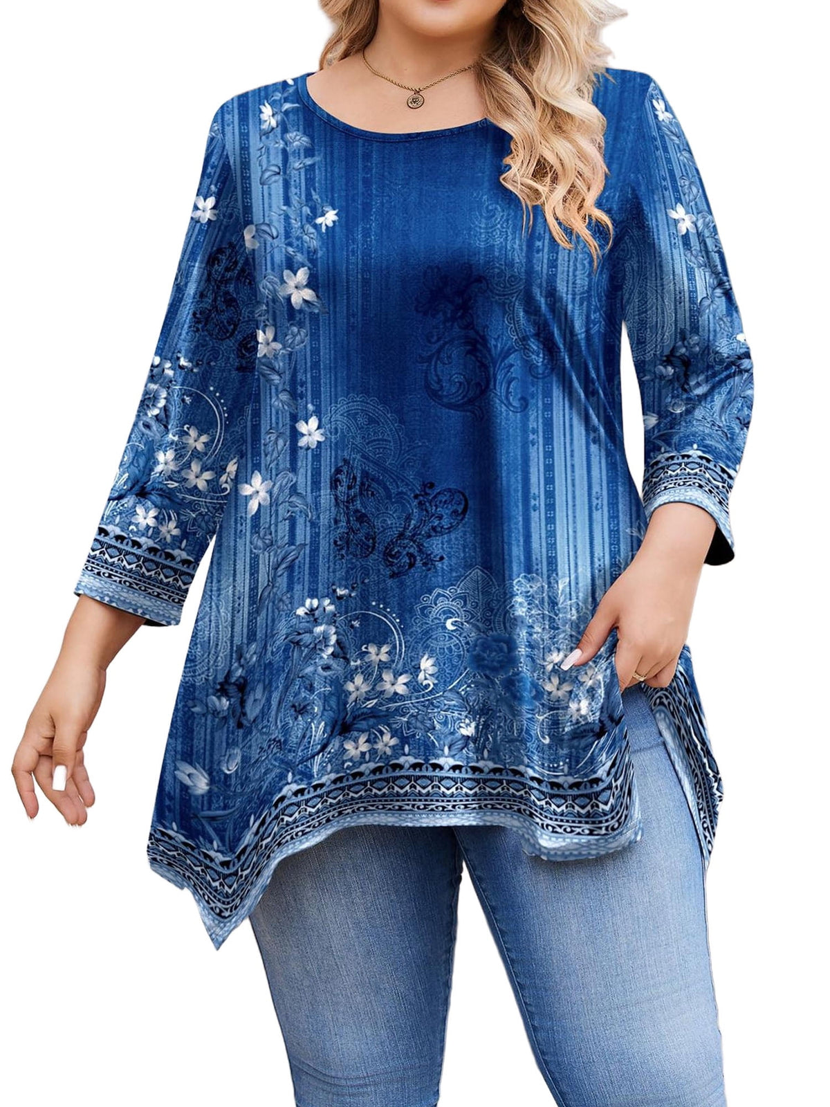 Weardear Plus Size Tops for Women 3/4 Sleeve Round Neck Tunic Top Loose Fit Flowy Blouse
